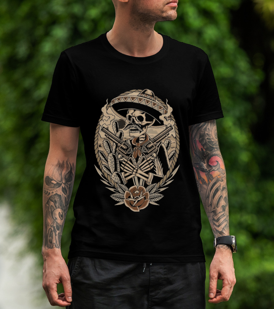 Deathsperado Skeleton Cowboy With Guns Roses And Dollar Signs Black T-Shirt