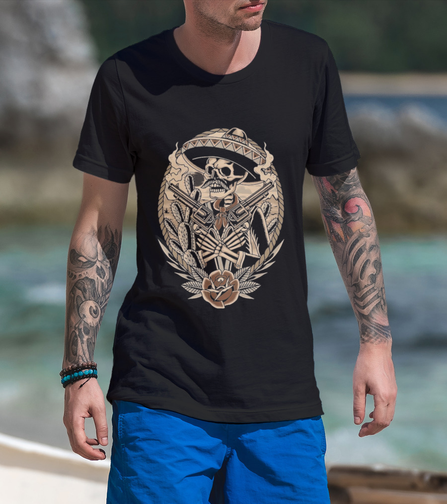 Deathsperado Skeleton Cowboy With Guns Roses And Dollar Signs Black T-Shirt