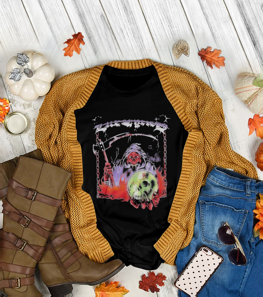 Life Cycles Skeleton Grim Reaper Holding Skull with Scythe Medieval Gothic T-Shirt