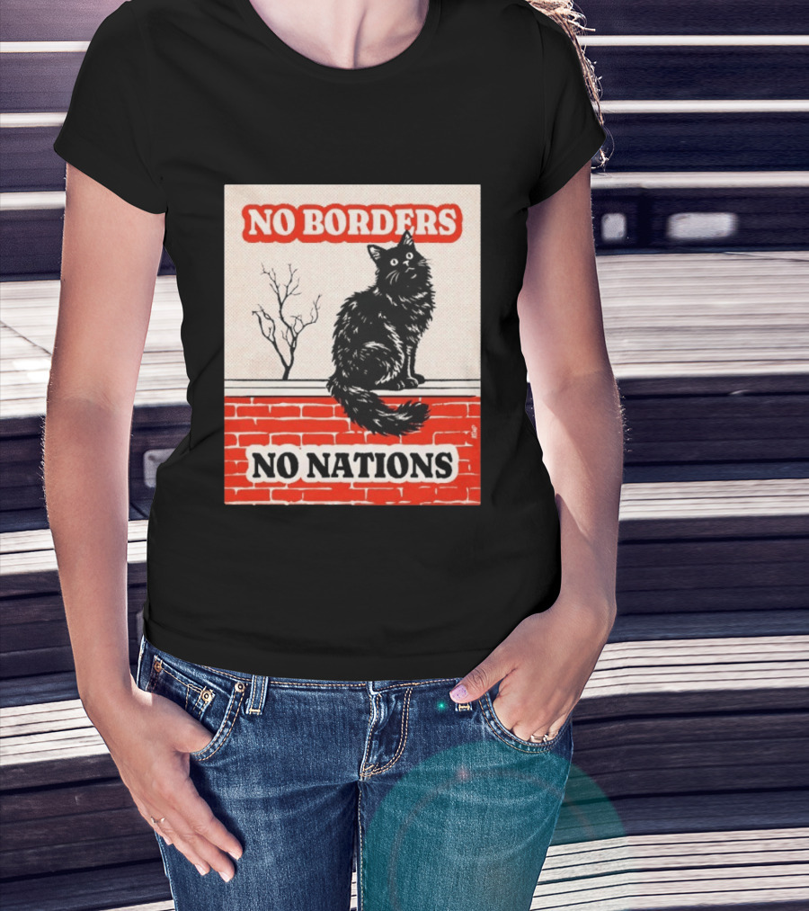 No Borders No Nations Cat Black Feline On Brick Wall T-Shirt
