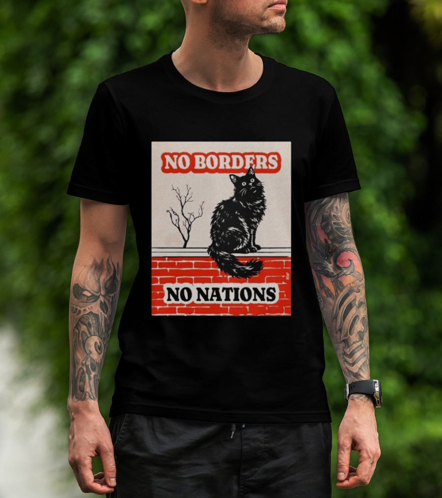 No Borders No Nations Cat Black Feline On Brick Wall T-Shirt