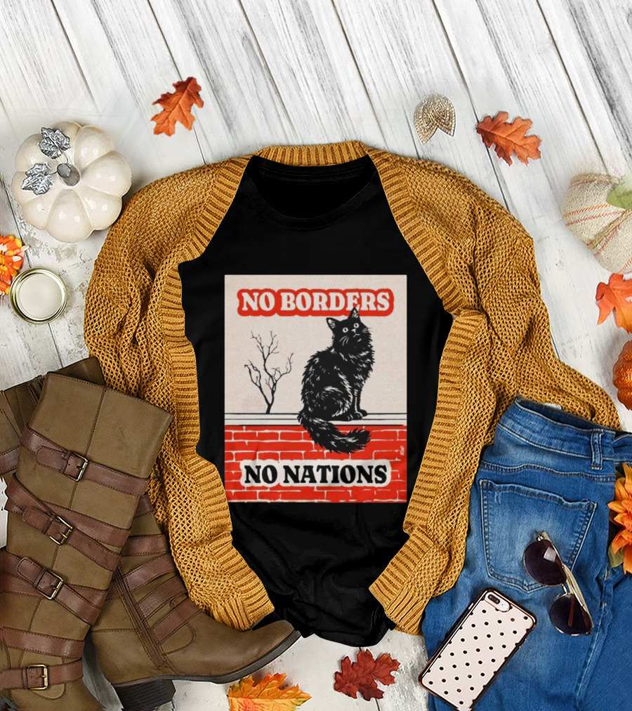 No Borders No Nations Cat Black Feline On Brick Wall T-Shirt