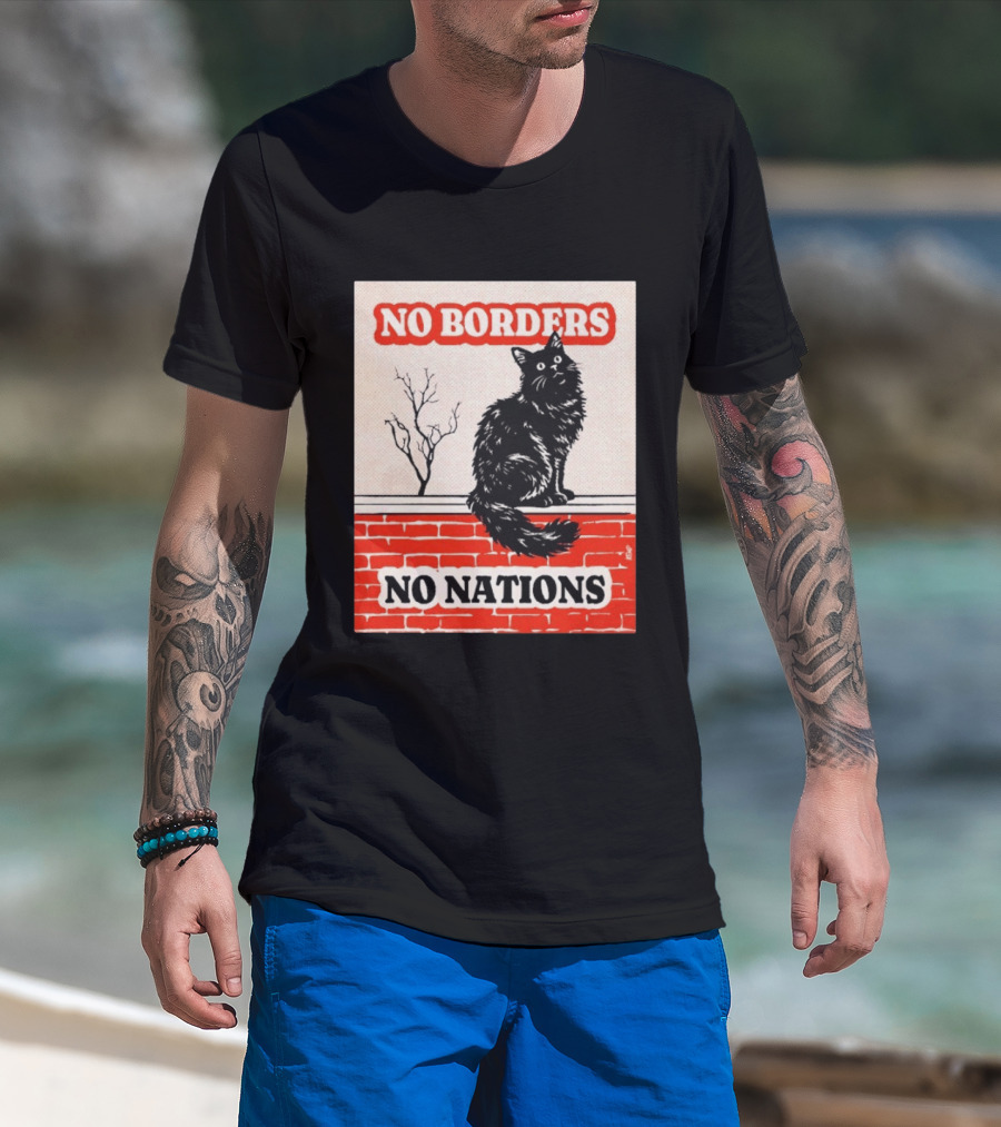 No Borders No Nations Cat Black Feline On Brick Wall T-Shirt