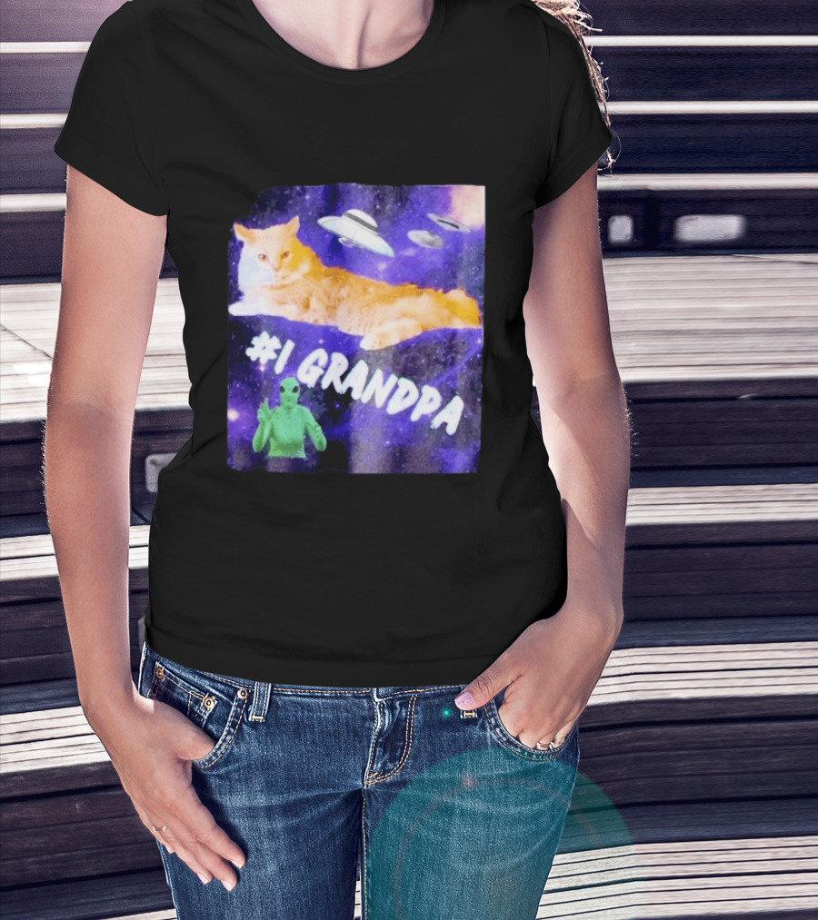 #1 Grandpa Cat Collage Alien And UFO Space T-Shirt