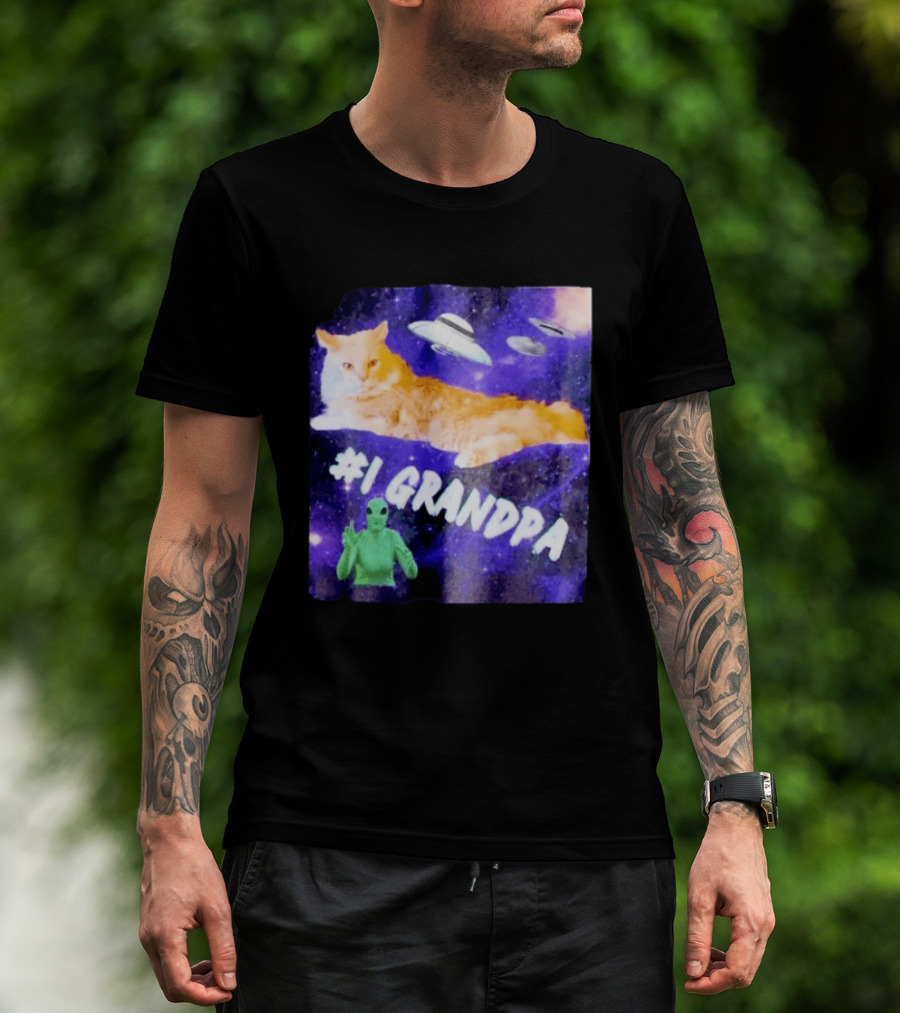 #1 Grandpa Cat Collage Alien And UFO Space T-Shirt