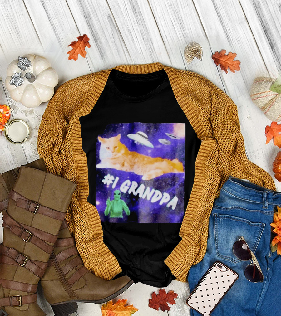 #1 Grandpa Cat Collage Alien and UFO Space T-Shirt