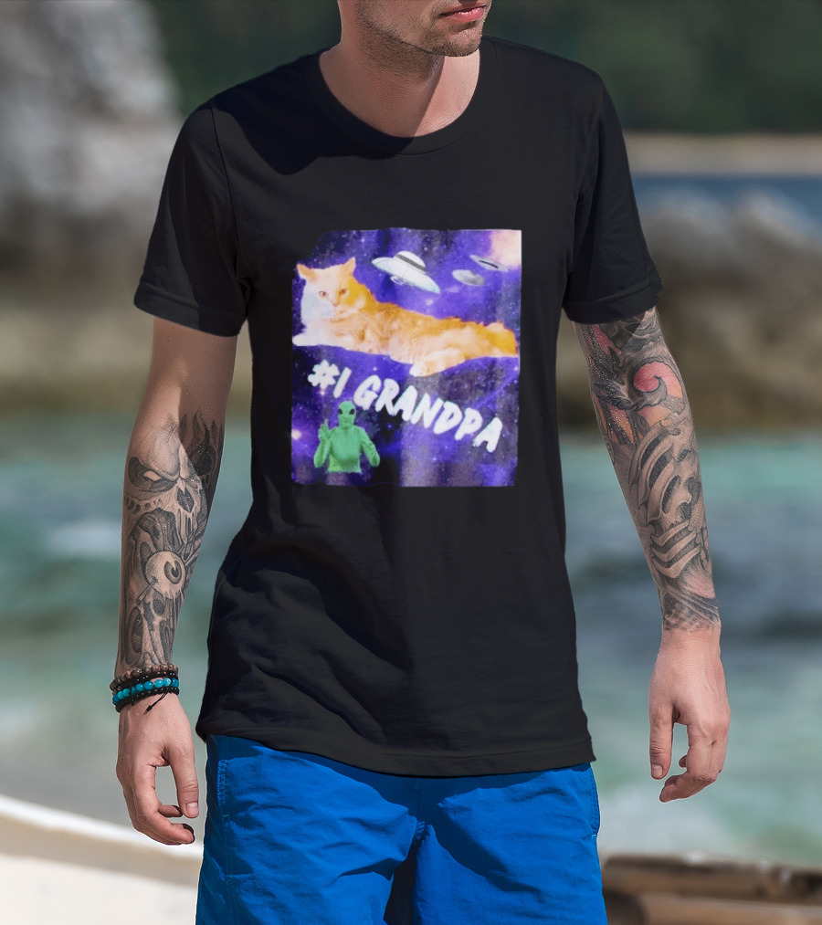 #1 Grandpa Cat Collage Alien And UFO Space T-Shirt