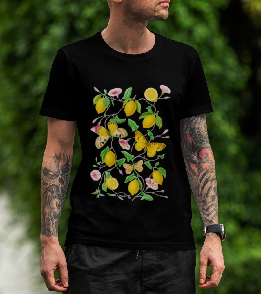 Botanical Lemon Butterfly Pink Flowers And Green Leaves T-Shirt