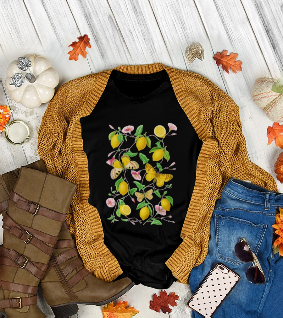 Botanical Lemon Butterfly Pink Flowers and Green Leaves T-Shirt