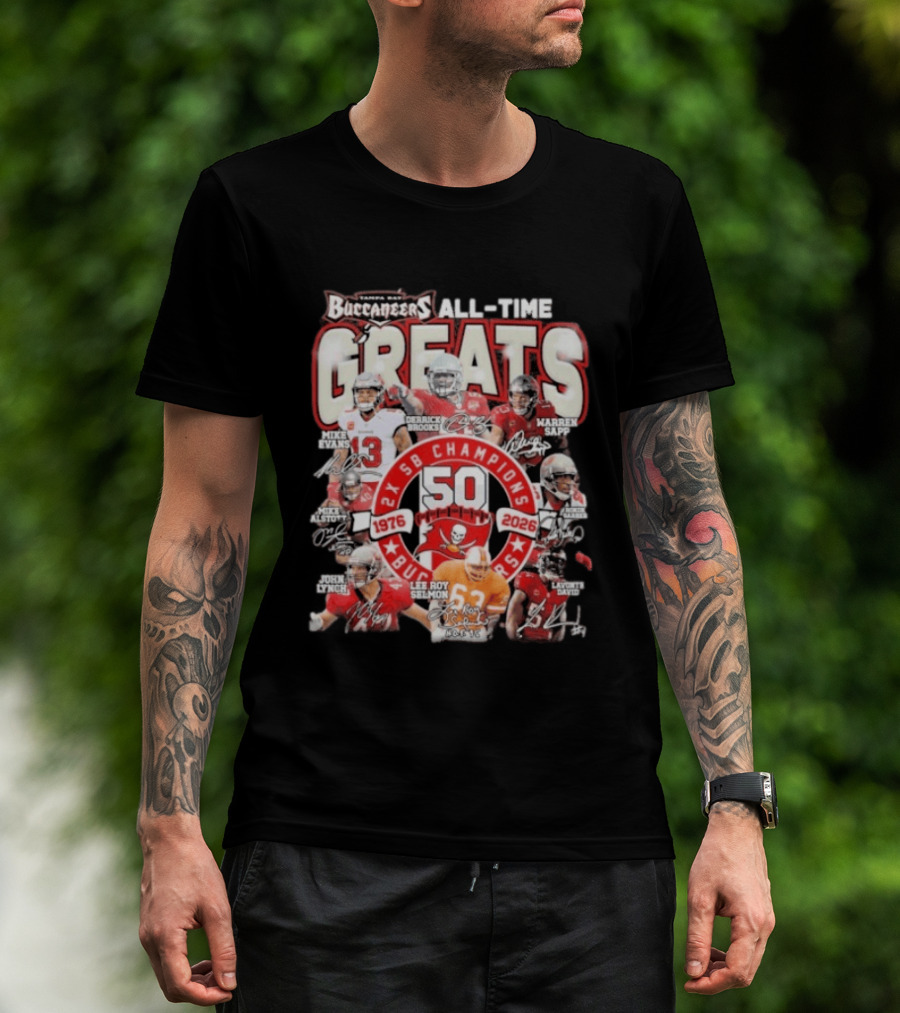 Tampa Bay Buccaneers All Time Greats 50th Anniversary 1976 2026 SB Champions T-Shirt