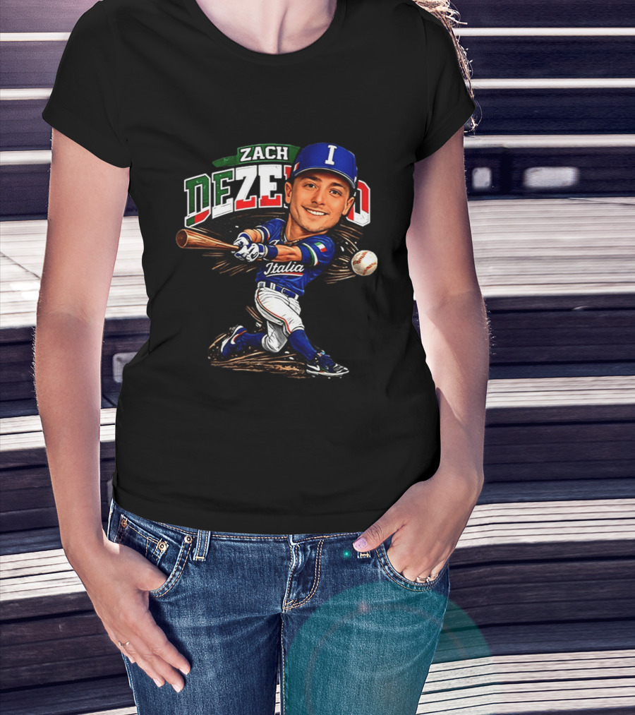 Zach Dezenzo Italia Baseball Classic Caricature Swinging Batter T-Shirt