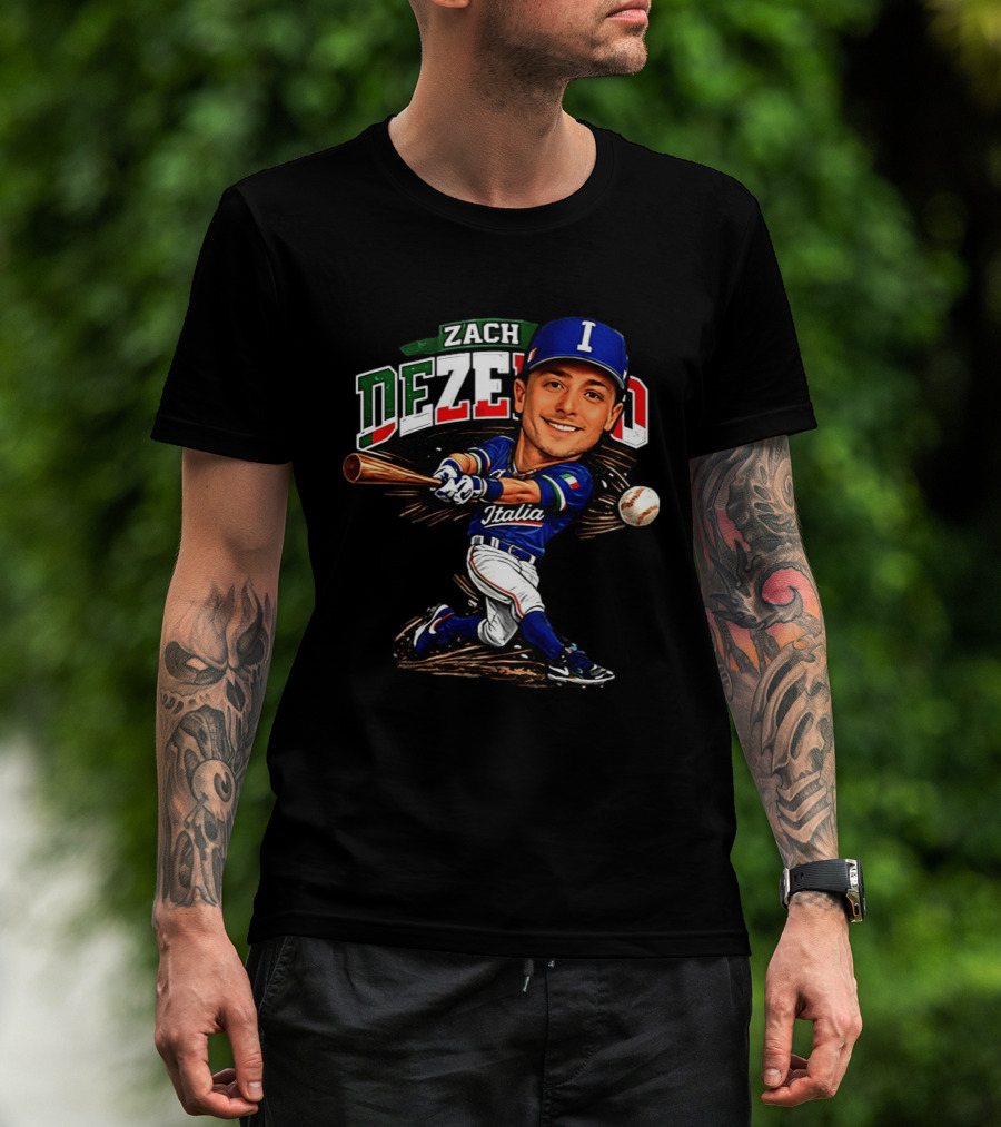 Zach Dezenzo Italia Baseball Classic Caricature Swinging Batter T-Shirt