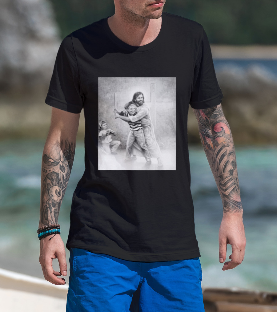 Jesus As A Coach With Children Playing Baseball In Front Of A Cross T-Shirt