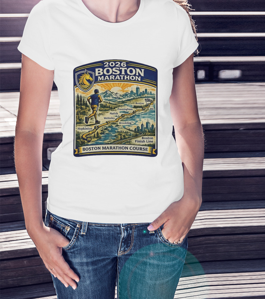 2026 Boston Marathon Course Hopkinton Framingham Natick Wellesley Brookline Finish Line T-Shirt