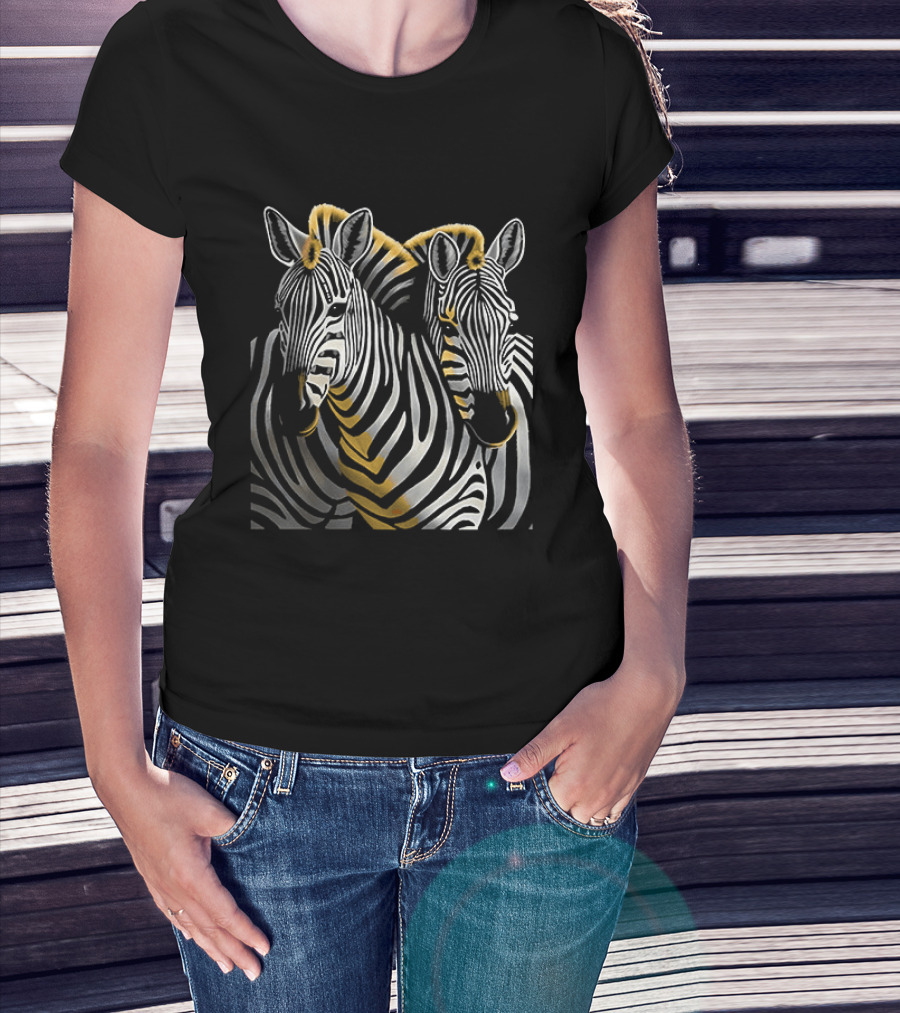 The Couple Of Zebras Striped Duo Art With Golden Highlights T-Shirt
