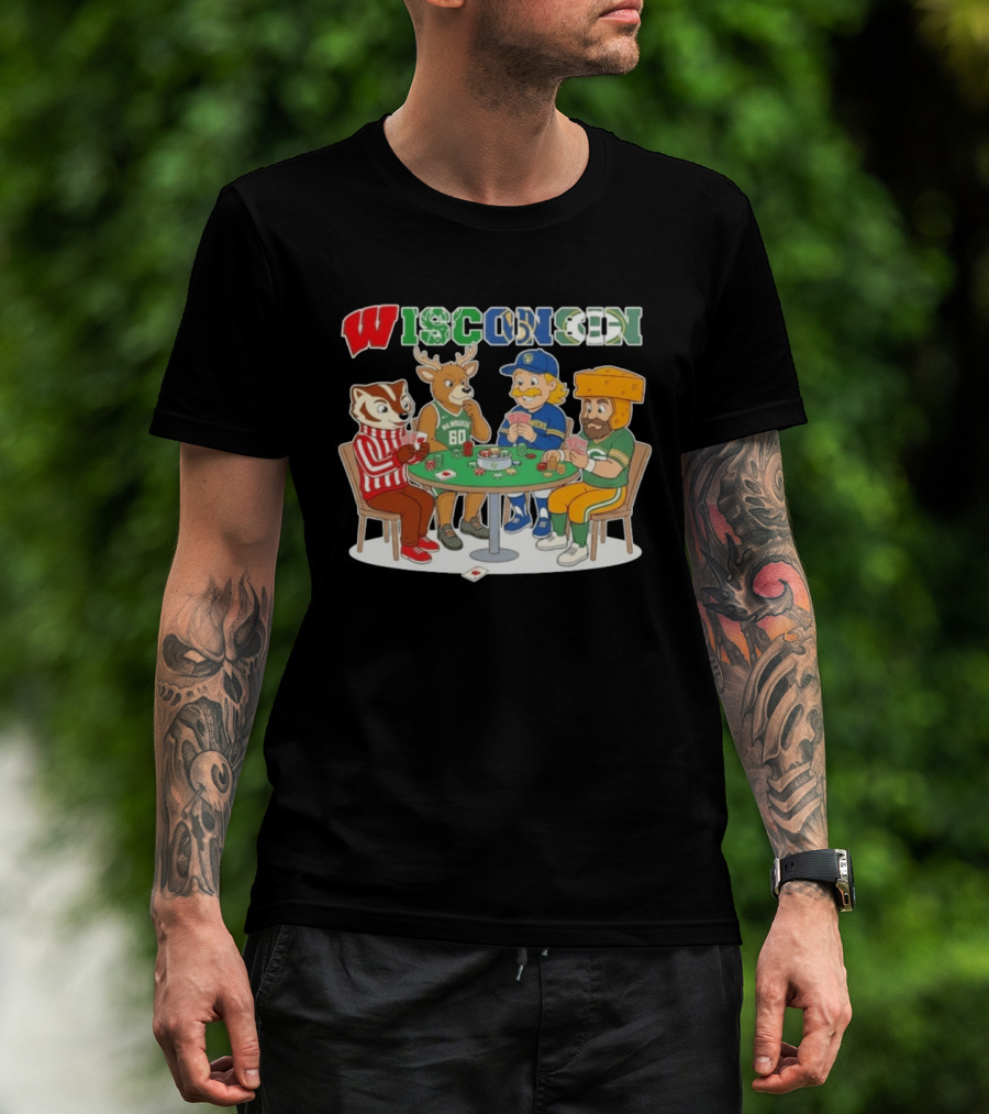 Wisconsin Sports Mascots Playing Poker With Packers Brewers And Bucks Themes T-Shirt