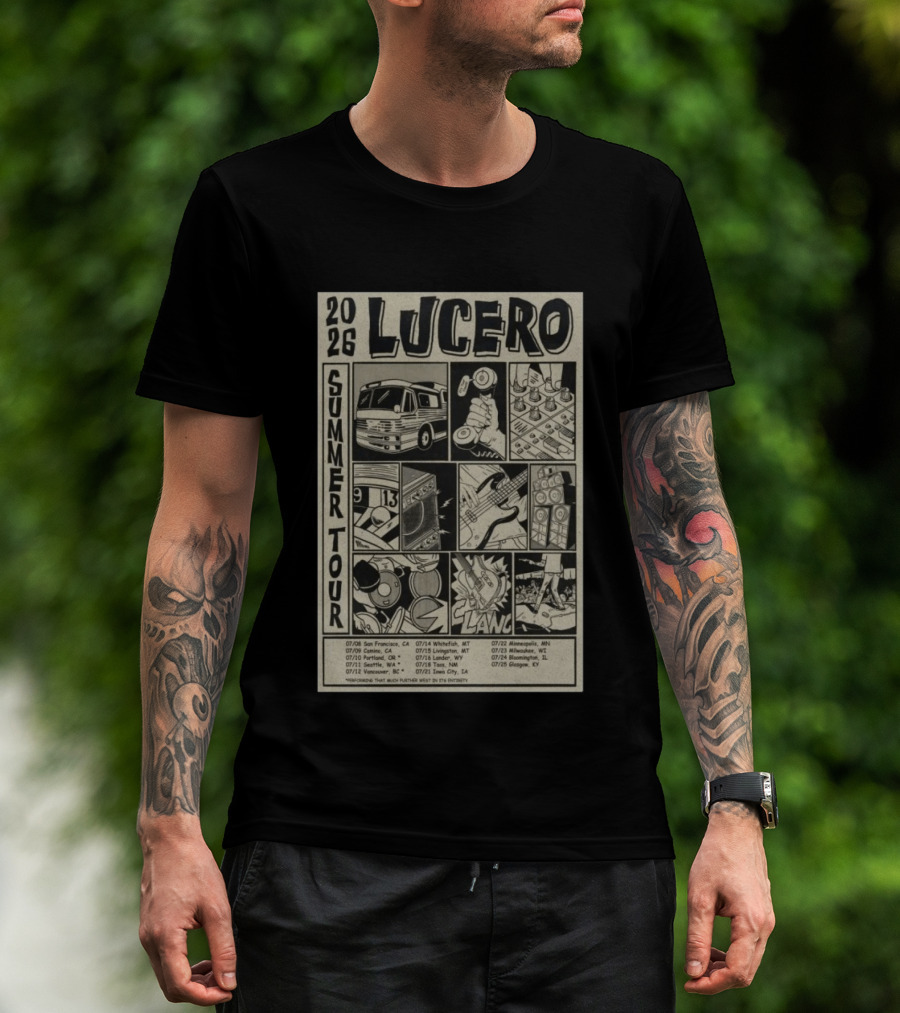 2026 Lucero Summer Tour Dates Featuring Vintage Comic Style With Iconic Band Imagery And Tour Stops T-Shirt
