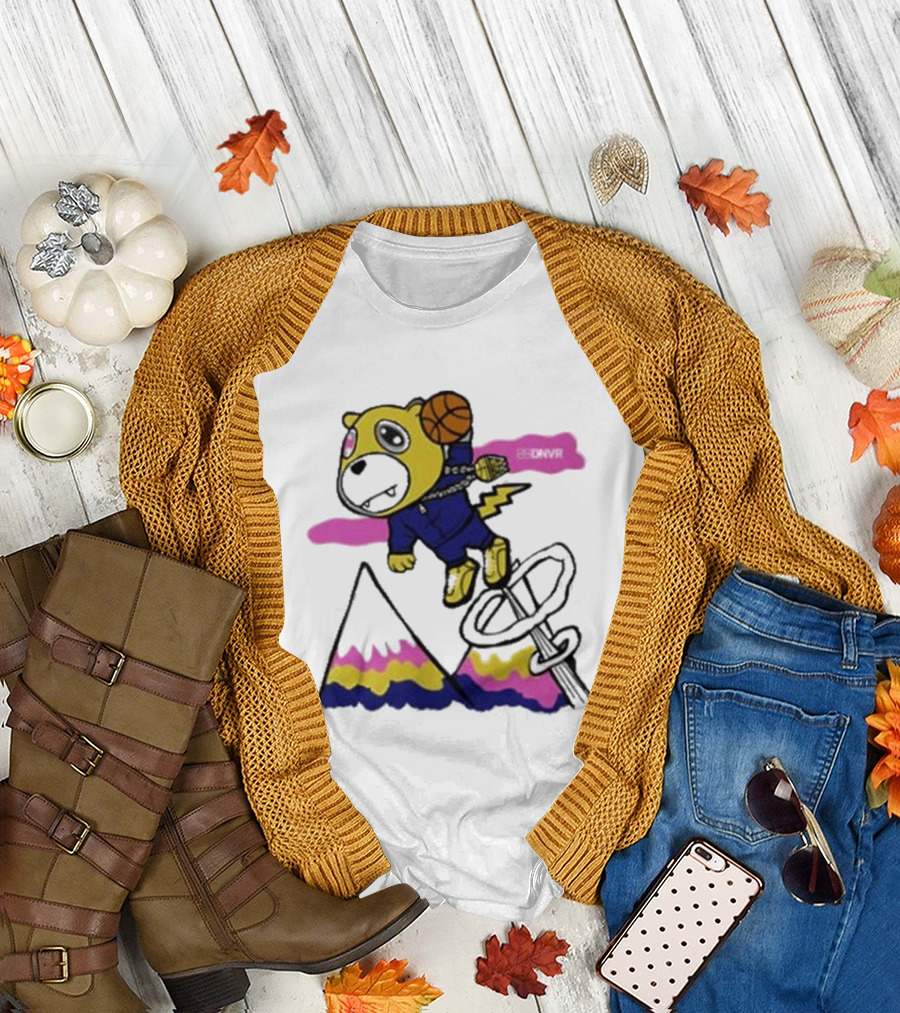 Dnvr Flying Basketball Mascot in Colorful Mountain Scene with Bicycle and Lightning T-Shirt