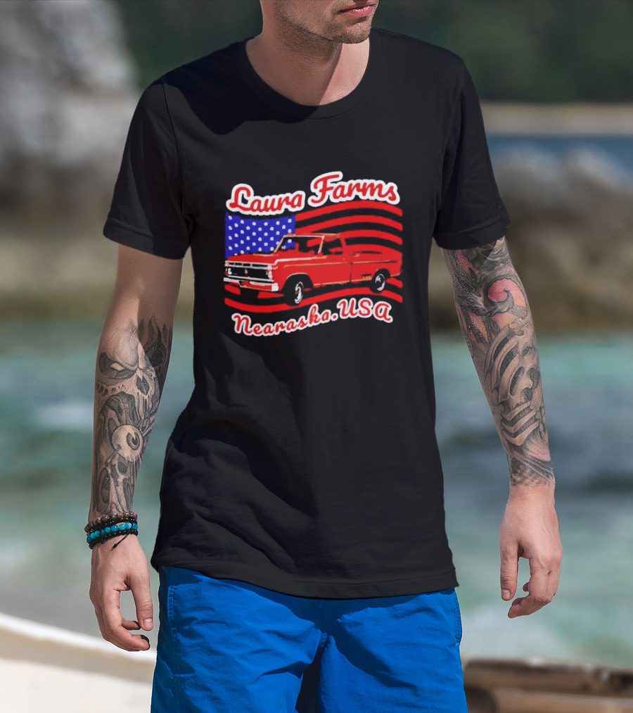 Laura Farms Nebraska USA Vintage Truck American Flag T-Shirt