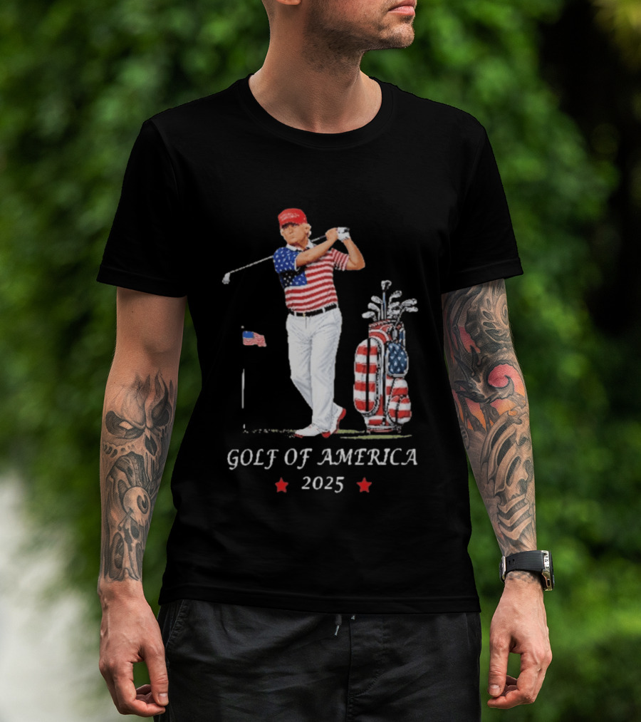 GOLF OF AMERICA 2025 Trump Red Cap Stars Stripes Golf Bag T-Shirt