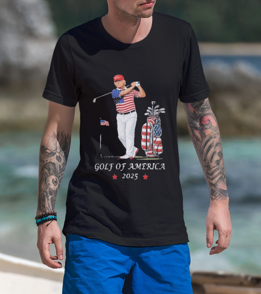 GOLF OF AMERICA 2025 Trump Red Cap Stars Stripes Golf Bag T-Shirt