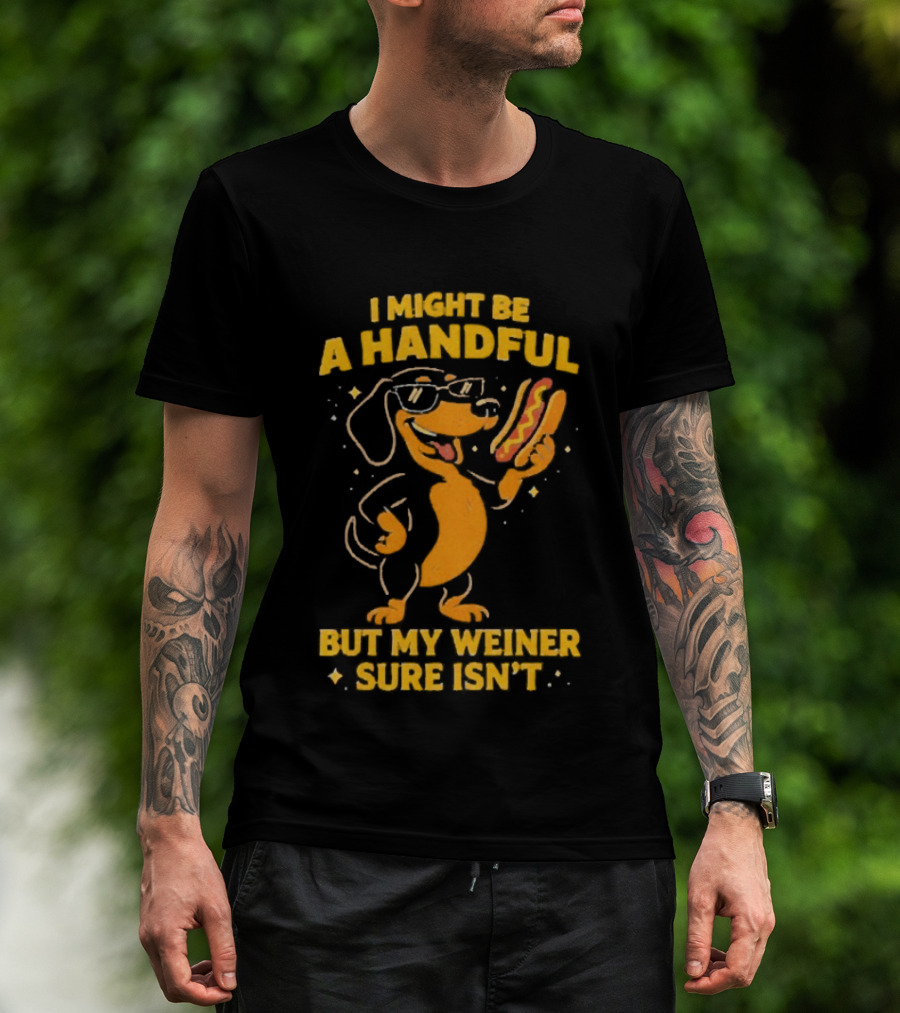 I Might Be A Handful But My Weiner Sure Isn't Hotdog Dog Wearing Glasses Holding Hotdog T-Shirt