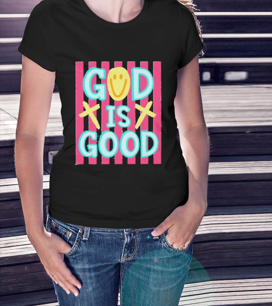 God Is Good Smiley Face Crosses Pink Stripes T-Shirt