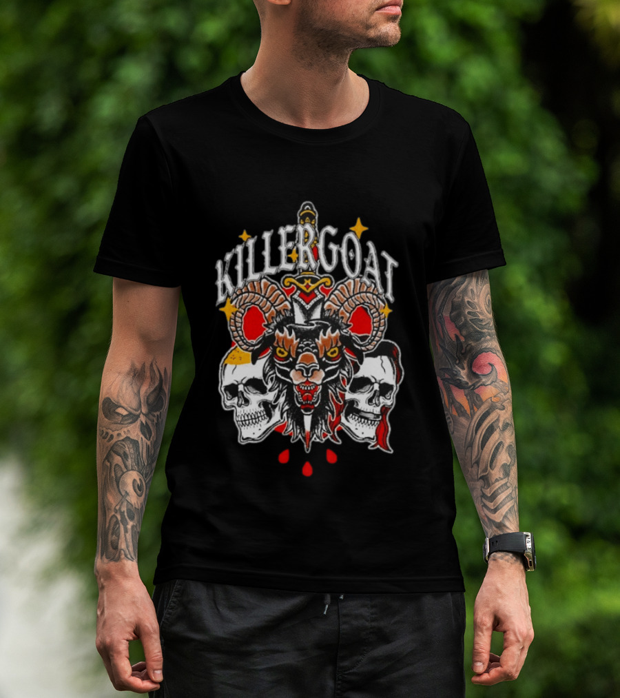 Killer Goat Skull Blood Drops And Horned Beast With Skulls And Sword T-Shirt