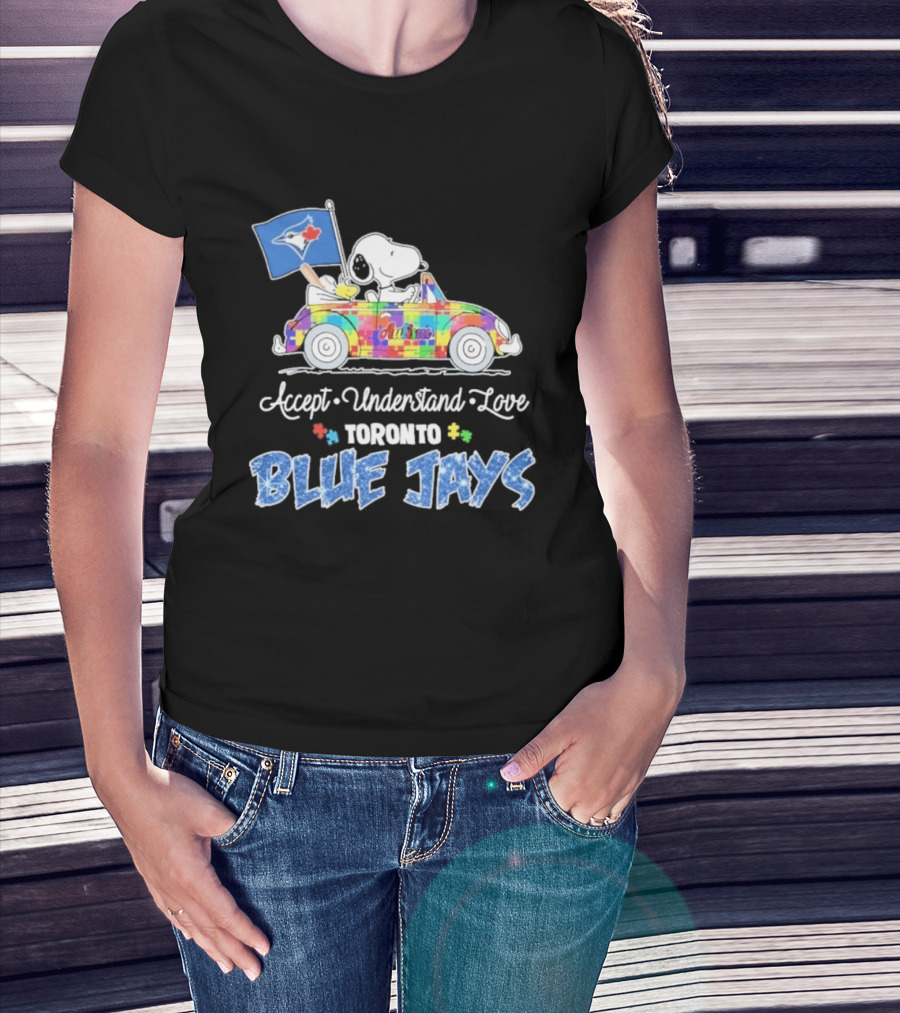 Snoopy Woodstock Driving Car Toronto Blue Jays Autism Awareness Accept Understand Love T-Shirt
