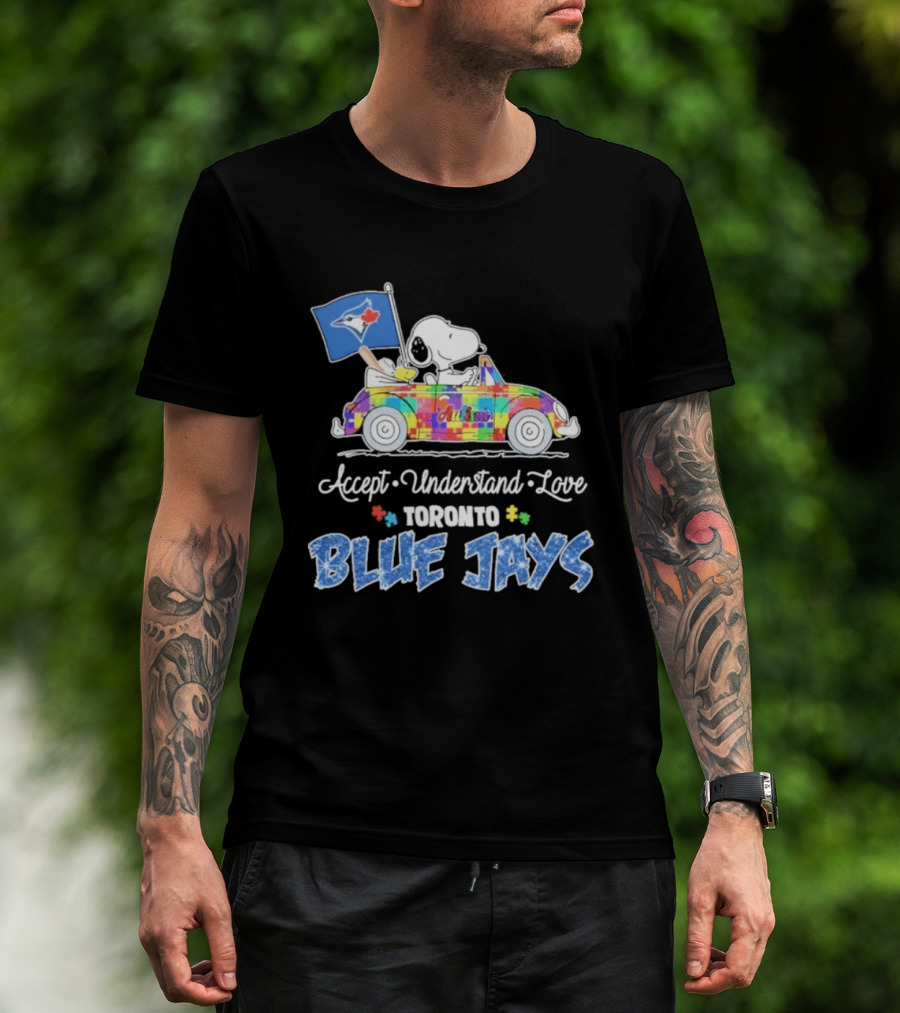 Snoopy Woodstock Driving Car Toronto Blue Jays Autism Awareness Accept Understand Love T-Shirt