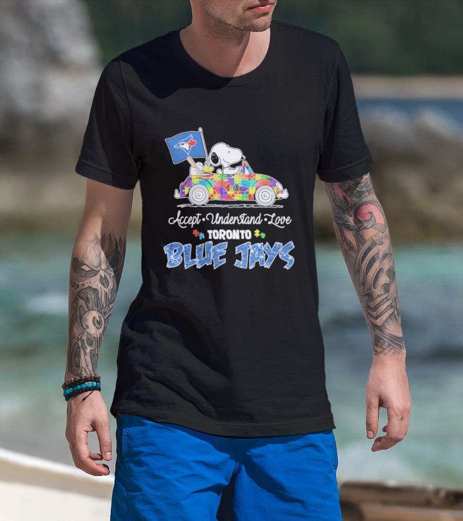 Snoopy Woodstock Driving Car Toronto Blue Jays Autism Awareness Accept Understand Love T-Shirt