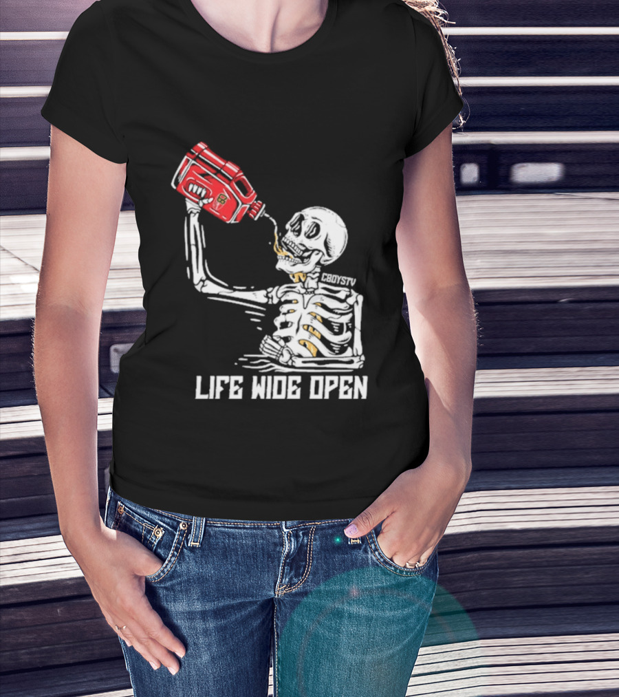 Cboystv Life Wide Open Skeleton Drinking Soul Fuel T-Shirt