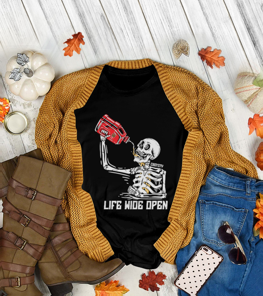Cboystv Life Wide Open Skeleton Drinking Soul Fuel T-Shirt