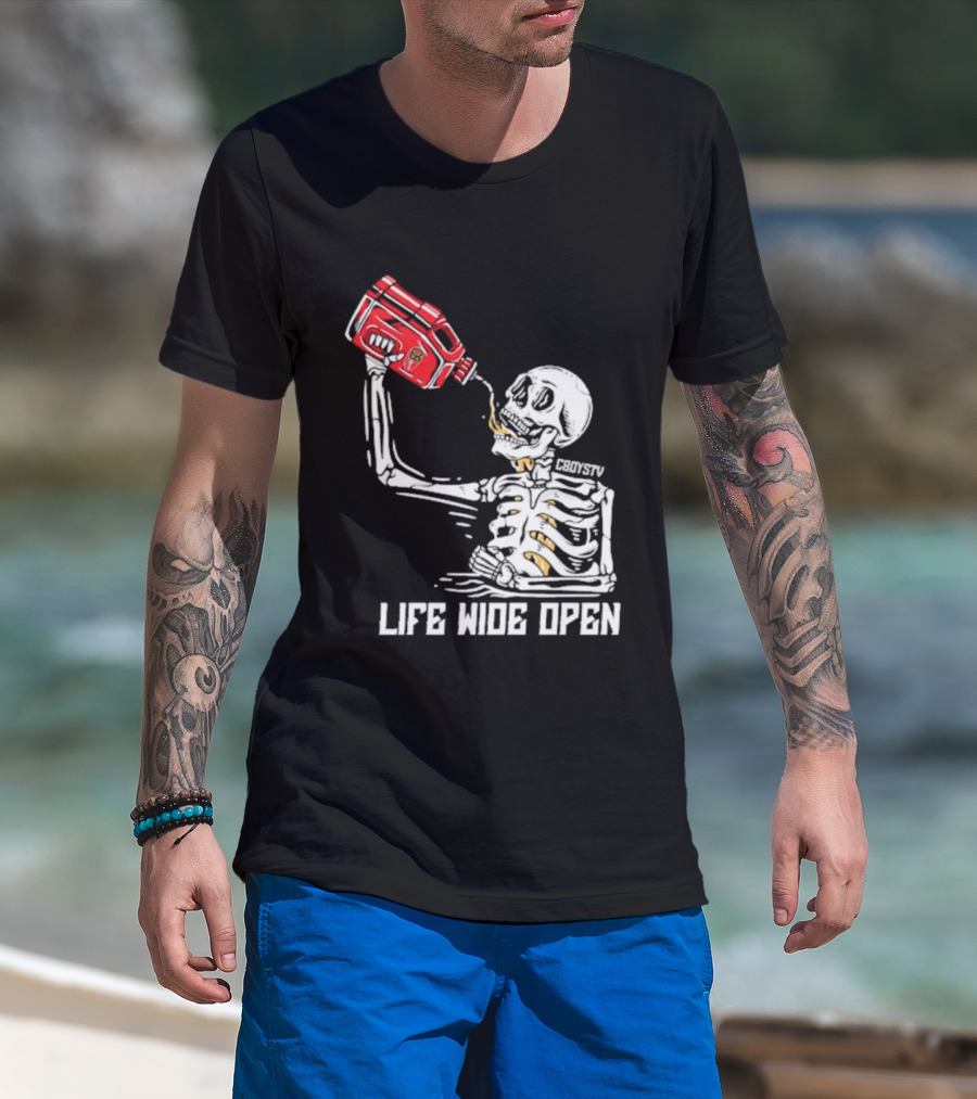 Cboystv Life Wide Open Skeleton Drinking Soul Fuel T-Shirt