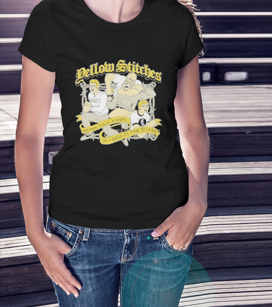 Yellow Stitches Friends Family Forever ROC Fatman Pulls A Knife T-Shirt
