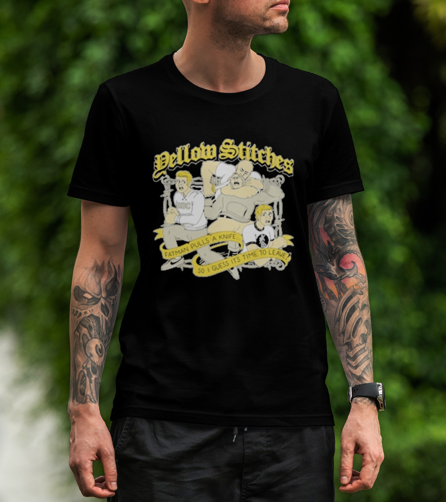 Yellow Stitches Friends Family Forever ROC Fatman Pulls A Knife T-Shirt