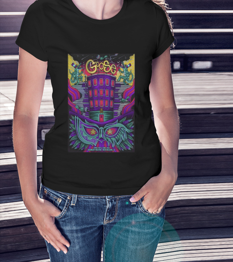 Goose Saenger Theatre New Orleans LA April 21 22 2026 Mardi Gras Gators Mask Art Deco T-Shirt
