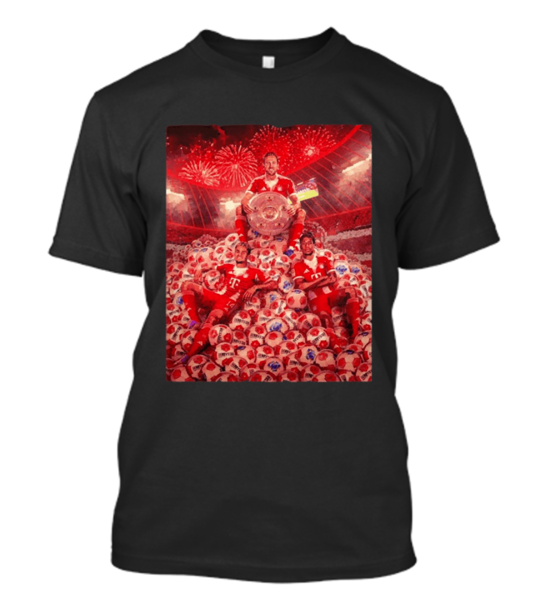 FC Bayern Munich Bundesliga Triumph Players Holding Trophy Fireworks Soccer Balls T-Shirt