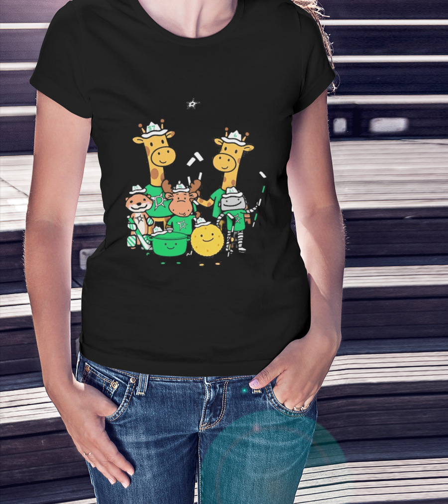 Dallas Stars Cartoon Characters Family Fun With Giraffe Moose Dog Bear And Cat T-Shirt