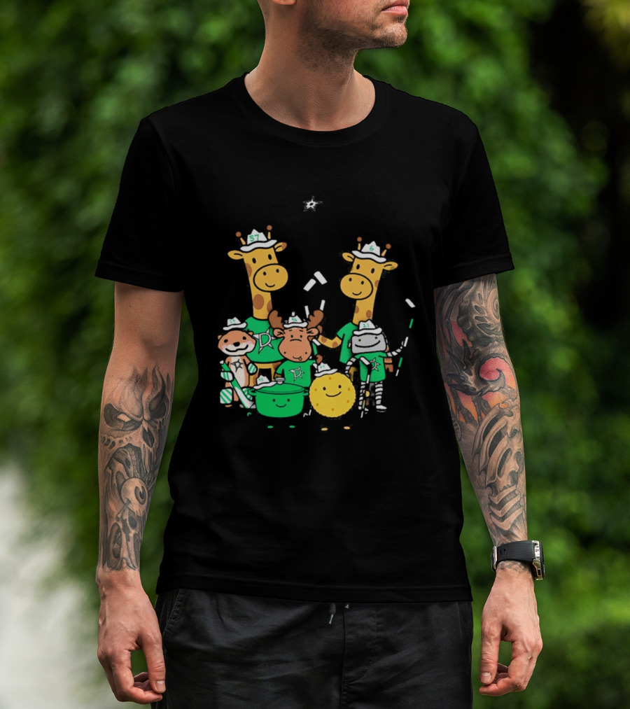 Dallas Stars Cartoon Characters Family Fun With Giraffe Moose Dog Bear And Cat T-Shirt