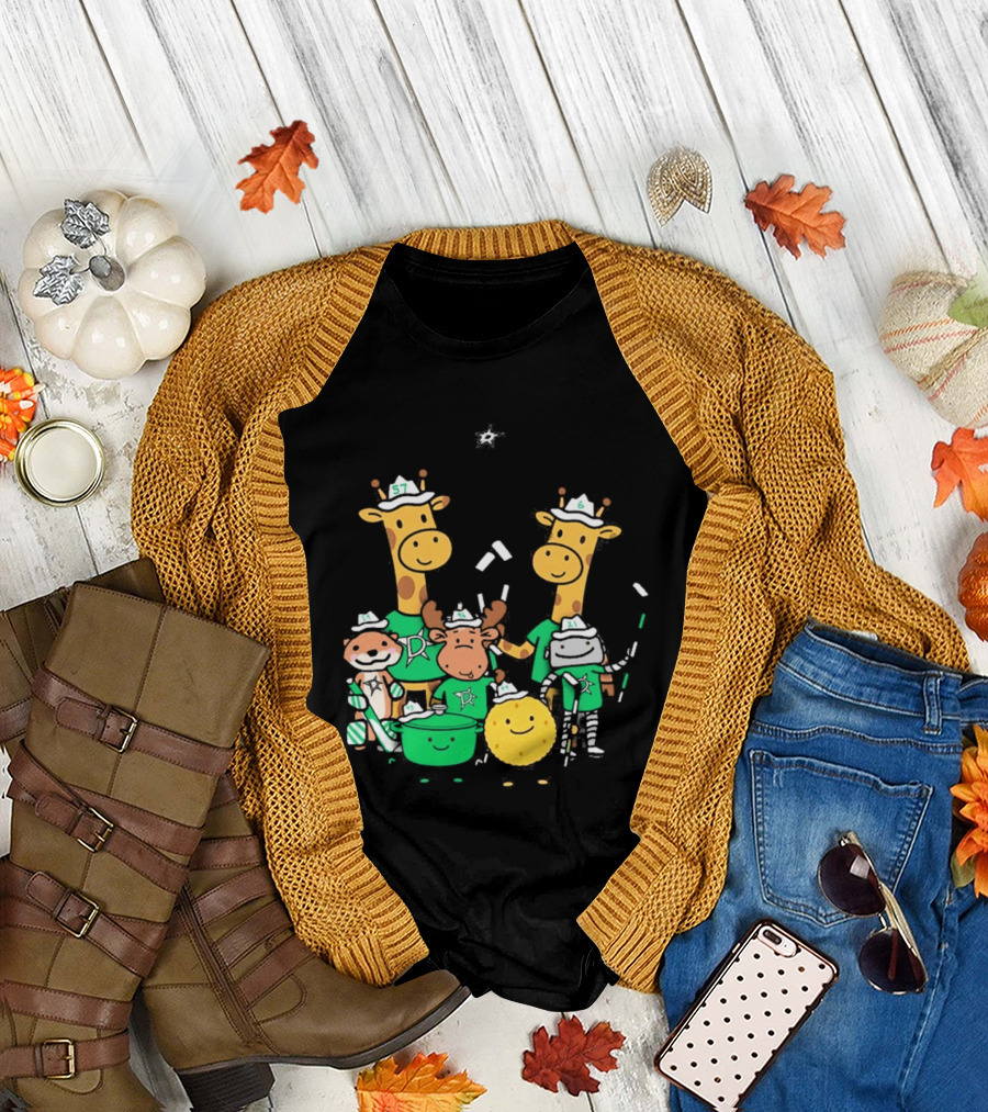 Dallas Stars Cartoon Characters Family Fun with Giraffe Moose Dog Bear and Cat T-Shirt