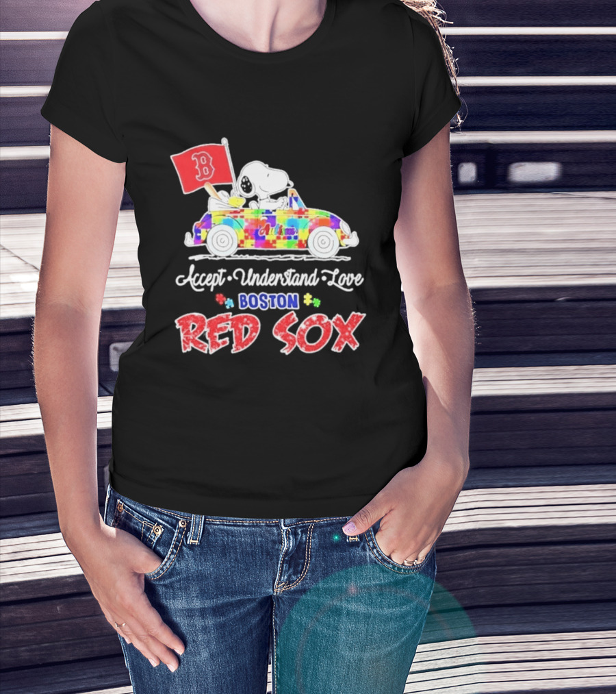 Snoopy Woodstock Boston Red Sox Driving Car Autism Awareness Accept Understand Love 2026 T-Shirt