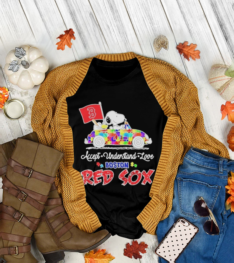 Snoopy Woodstock Boston Red Sox Driving Car Autism Awareness Accept Understand Love 2026 T-Shirt