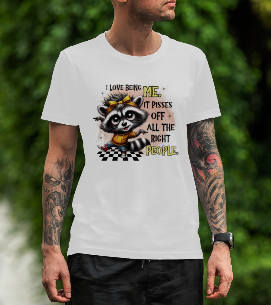 Raccoon I Love Being Me It Pisses Off All The Right People Yellow Bandana Denim Sneakers T-Shirt