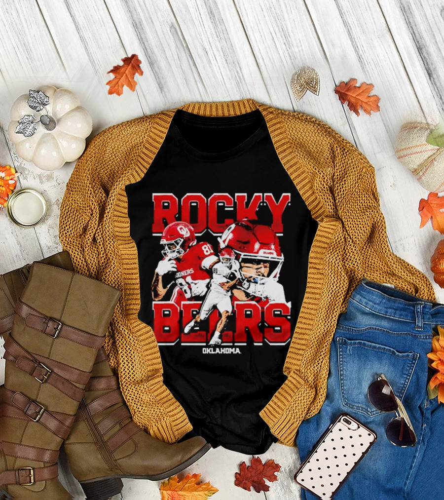 Rocky Beers Oklahoma Sooners Football Collage with NCAA Players and Helmets T-Shirt