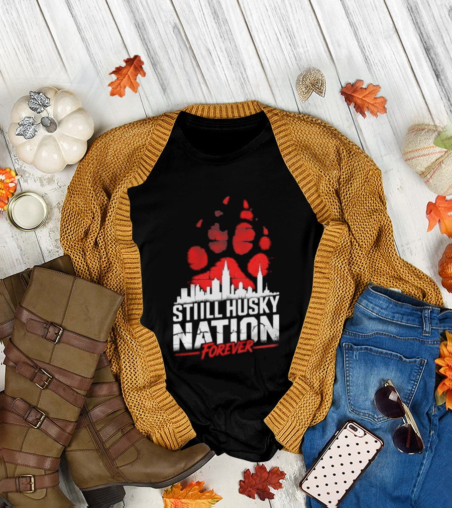 Still Husky Nation Forever Red Paw Print Skyline 2026 NBA UConn Huskies T-Shirt