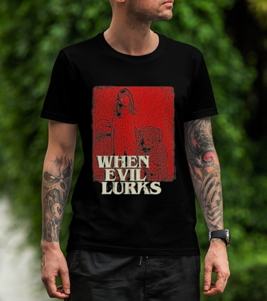 When Evil Lurks Red Background Girl With Bear T-Shirt
