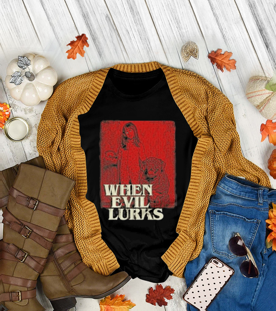 When Evil Lurks Red Background Girl with Bear T-Shirt