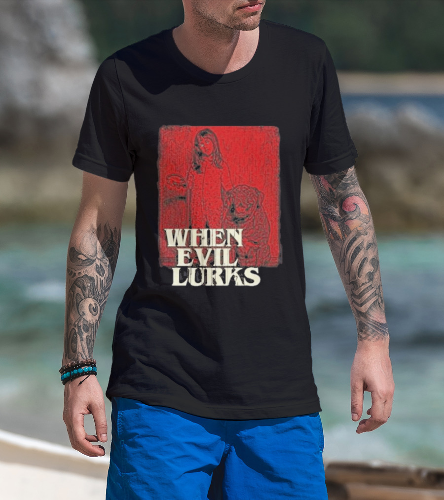 When Evil Lurks Red Background Girl With Bear T-Shirt