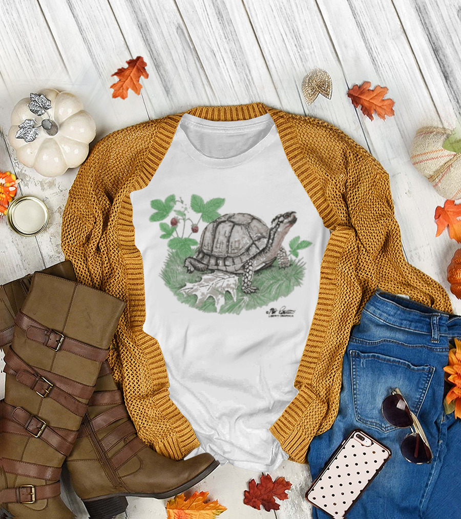 Naturet Turtle Among Berries and Greenery on Stone Base T-Shirt